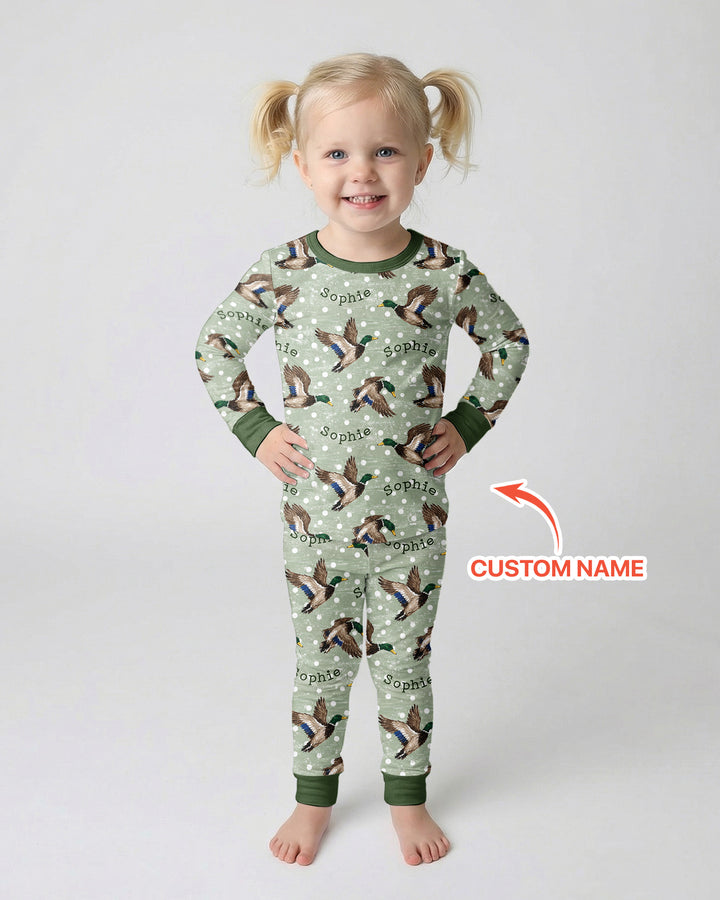 Custom Name Flying Mallard Duck Bamboo Two Piece Long Sleeve Pajama Set