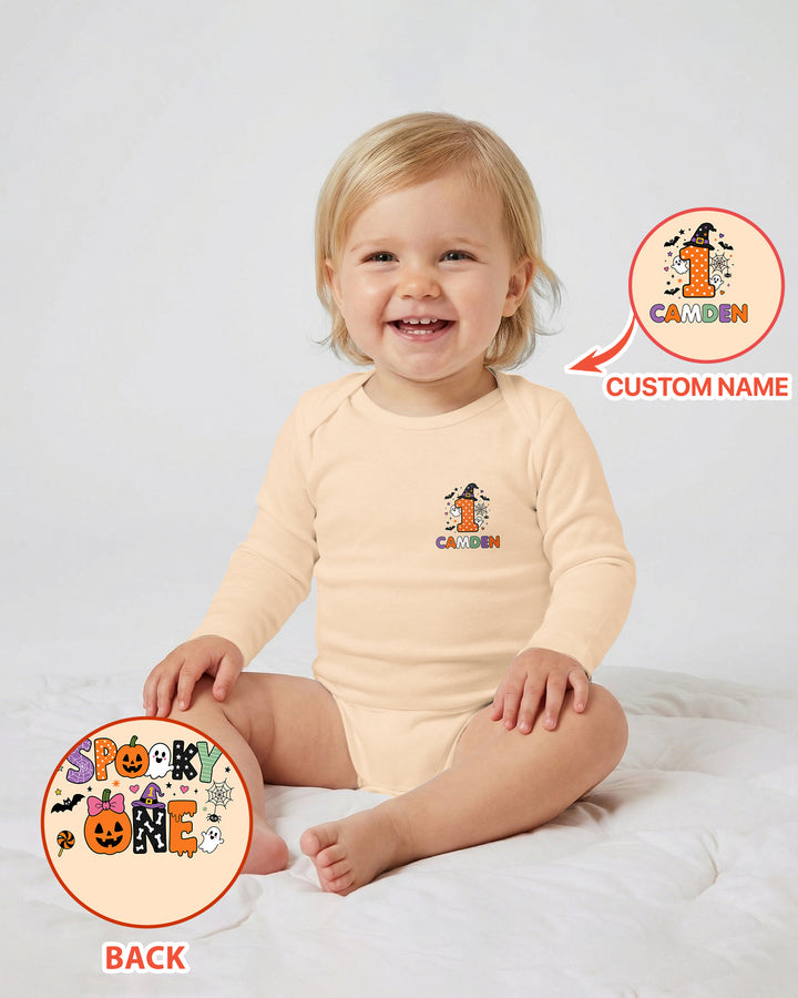 Personalized Name 1st Halloween Pumpkin Ghost Spooky One Birthday Bamboo Bodysuit
