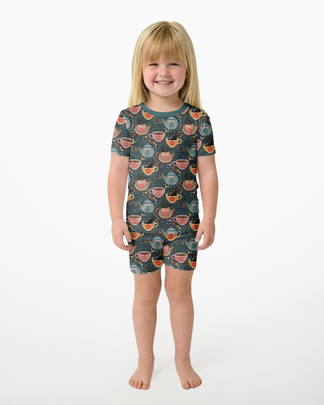 Folk Floral Black Cat Tea Party Bamboo Two Piece Short Sleeve Shorts Pajama Set