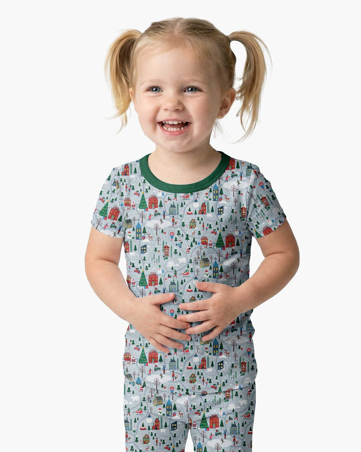 Snowy Christmas Village Map Bamboo Two Piece Short Sleeve Pajama Set