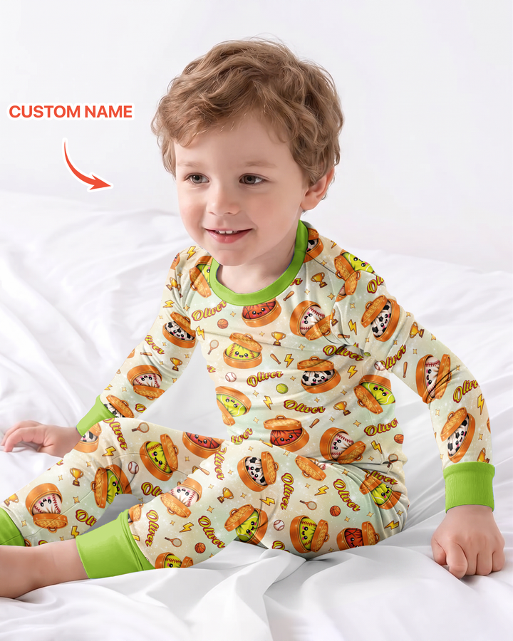 Custom Name Sports Dumpling Bamboo Two Piece Long Sleeve Pajama Set