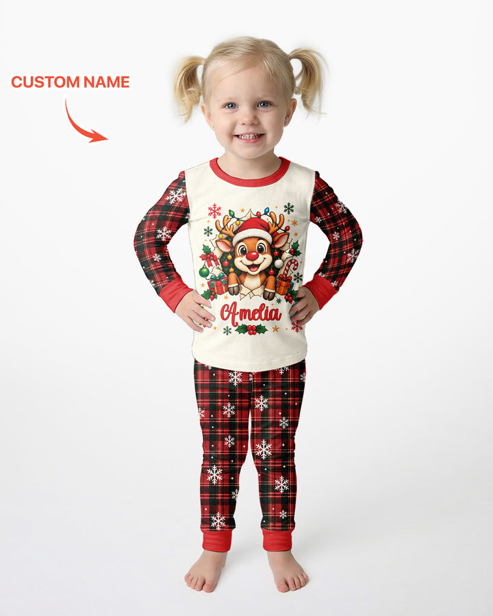 Cute Reindeer in Santa Hat Bamboo Two Piece Long Sleeve Pajama Set