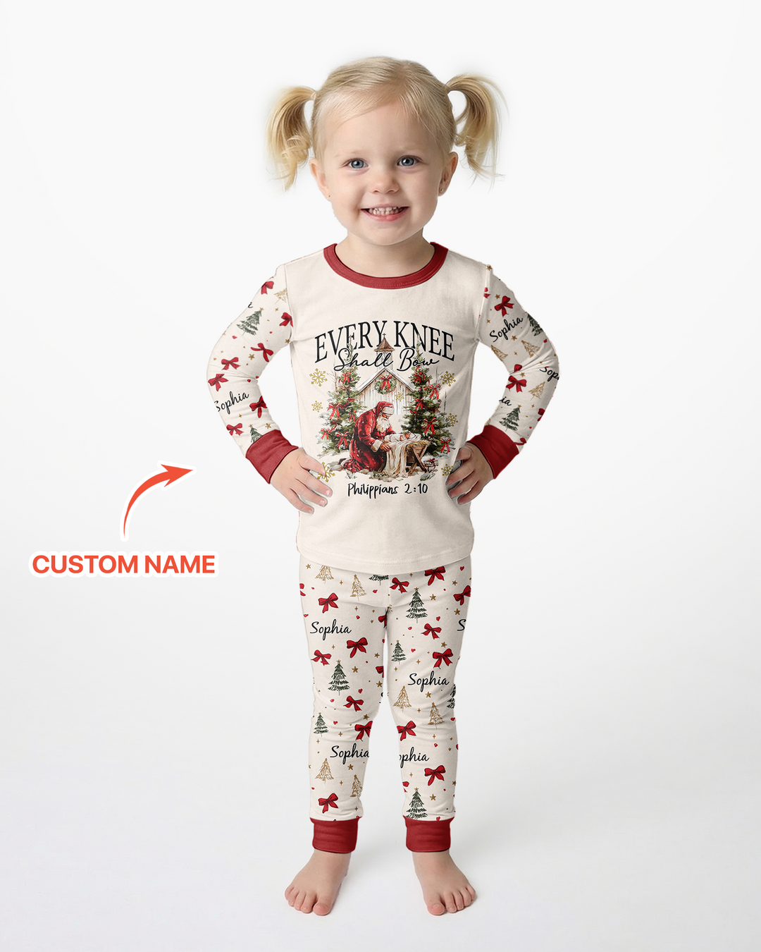 Every Knee Shall Bow Custom Name Mommy And Me Matching Bamboo Two Piece Long Sleeve Pajama Set