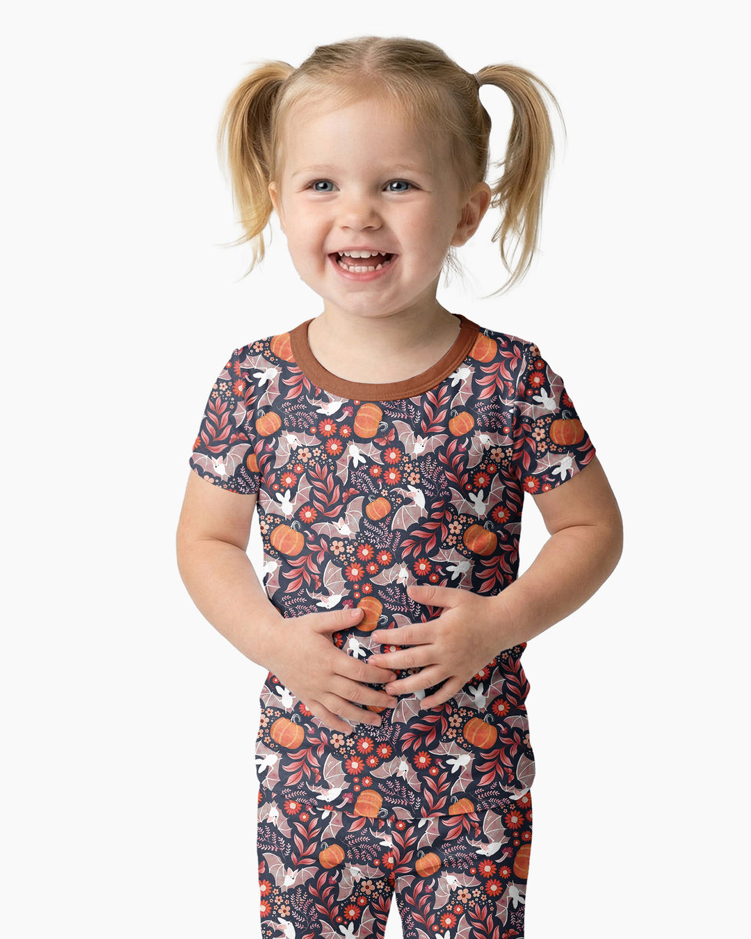 Bat Pumpkin Floral Halloween Bamboo Two Piece Short Sleeve Pajama Set