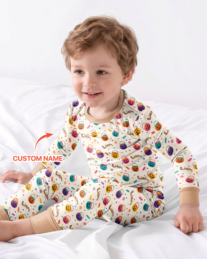 Custom Colorful Trick Or Treat Halloween Candy Bag Bamboo Two Piece Long Sleeve Pajama Set