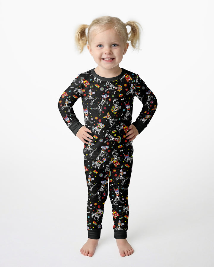Sugar Skull Día de los Muertos Halloween Dog Mexican Bamboo Two Piece Long Sleeve Pajama Set