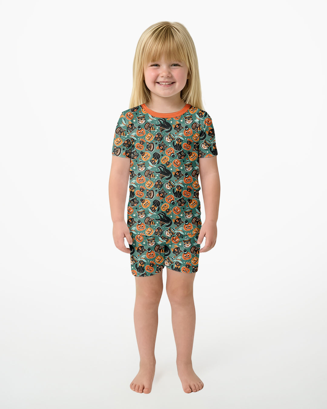 Retro Black Cat Witch Pumpkin Halloween Bamboo Two Piece Short Sleeve Shorts Pajama Set