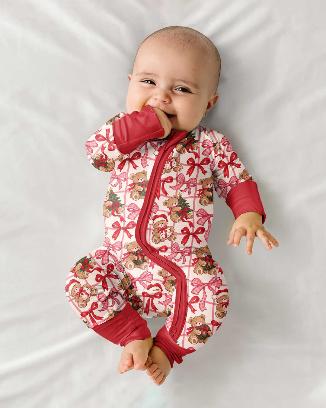 Pink Christmas Teddy Bear Plaid Mommy & Me Matching Bamboo Convertible Zippy