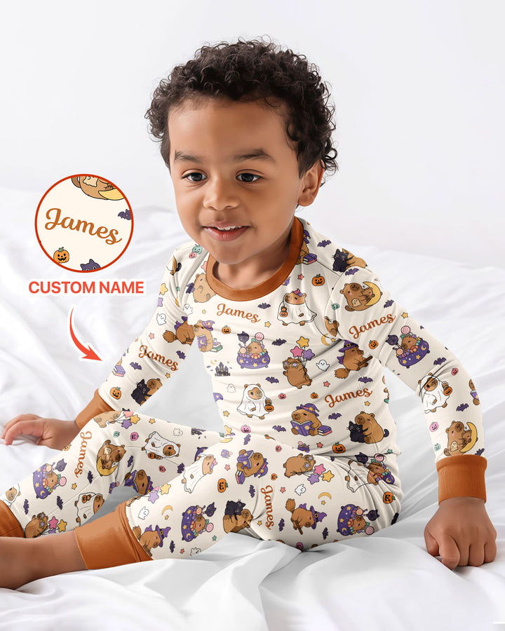 Custom Name Kawaii Halloween Capybara Bamboo Two Piece Long Sleeve Pajama Set