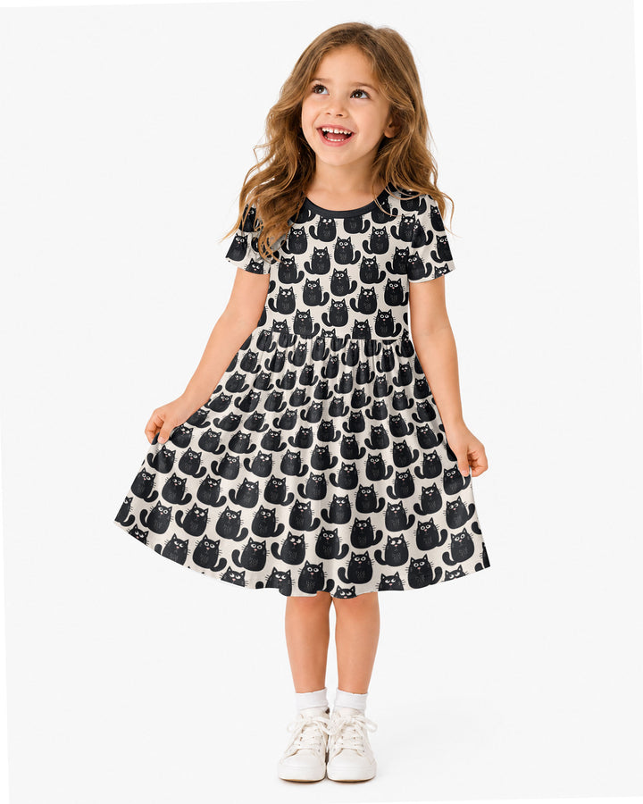 Moody Black Cats in Black and White Bamboo Twirl Dress