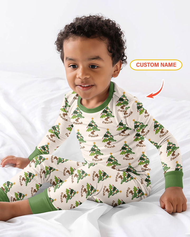 Dino Christmas Tree Bamboo Two Piece Long Sleeve Pajama Set