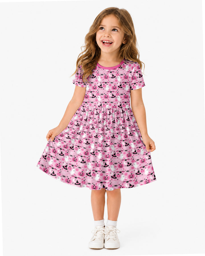 Cute Pink Halloween Ghost Pumpkin Witch Bamboo Twirl Dress