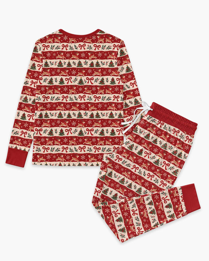 Vintage Reindeer Christmas Stripes Bamboo Women Pajama Set