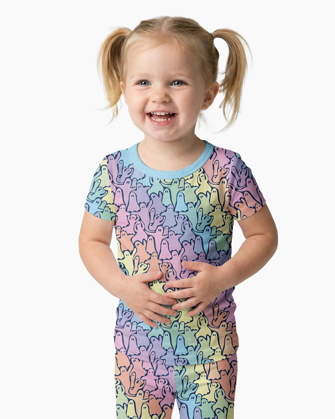Pastel Rainbow Ghost Halloween Bamboo Two Piece Short Sleeve Pajama Set