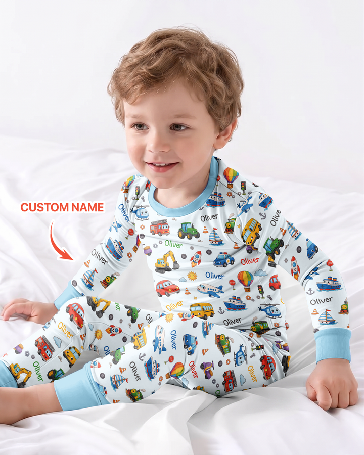 Custom Name Cute Transport Bamboo Two Piece Long Sleeve Pajama Set