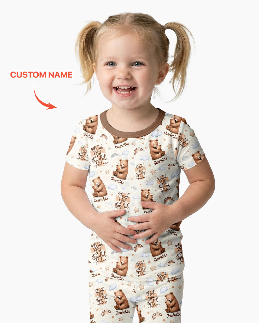 Custom Name Blessed By God Spoiled By Grandma Bamboo Two Piece Short Sleeve Pajama Set