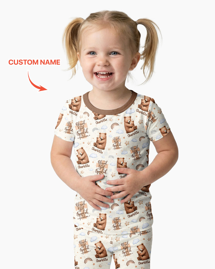 Custom Name Blessed By God Spoiled By Grandma Bamboo Two Piece Short Sleeve Pajama Set