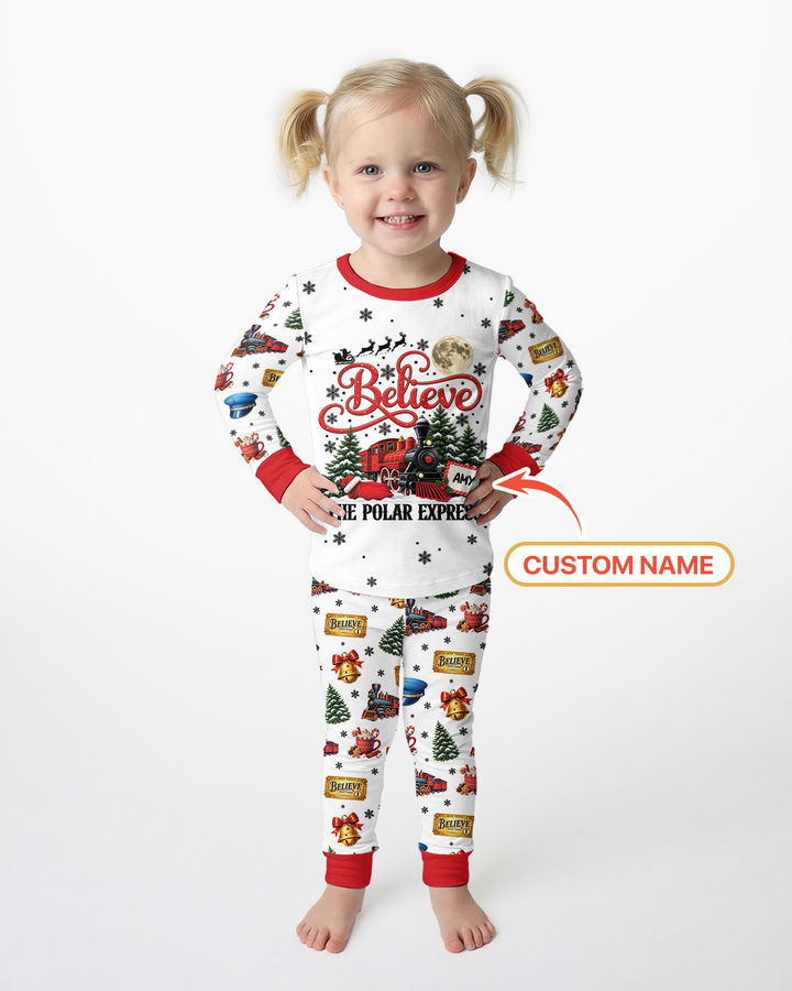 Custom Name Believe Polar Express Christmas Bamboo Two Piece Long Sleeve Pajama Set