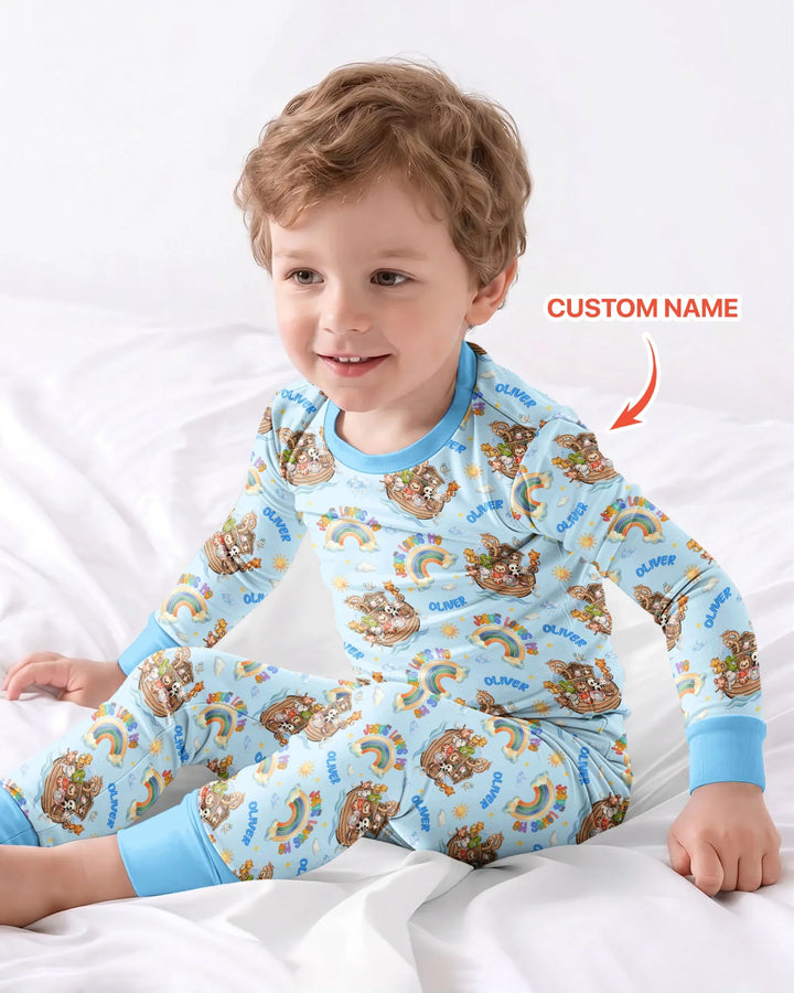 Custom Name Jesus Loves Me Noah's Ark Bamboo Two Piece Long Sleeve Pajama Set
