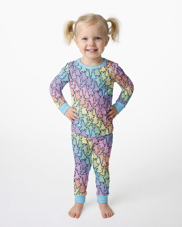 Pastel Rainbow Ghost Halloween Bamboo Two Piece Long Sleeve Pajama Set