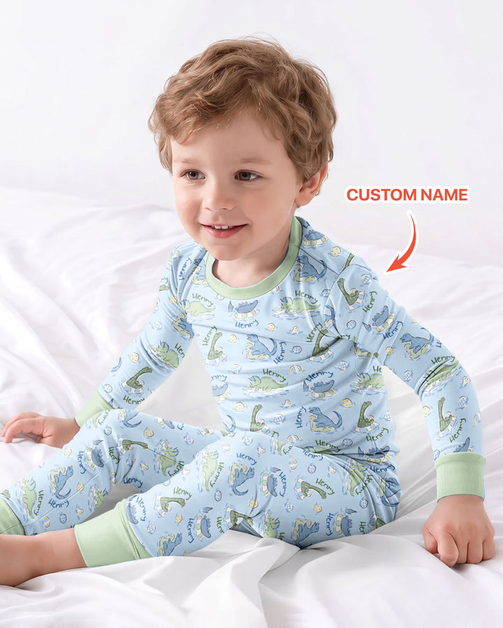 Dinos Swimming Custom Name Bamboo Two Piece Long Sleeve Pajama Set