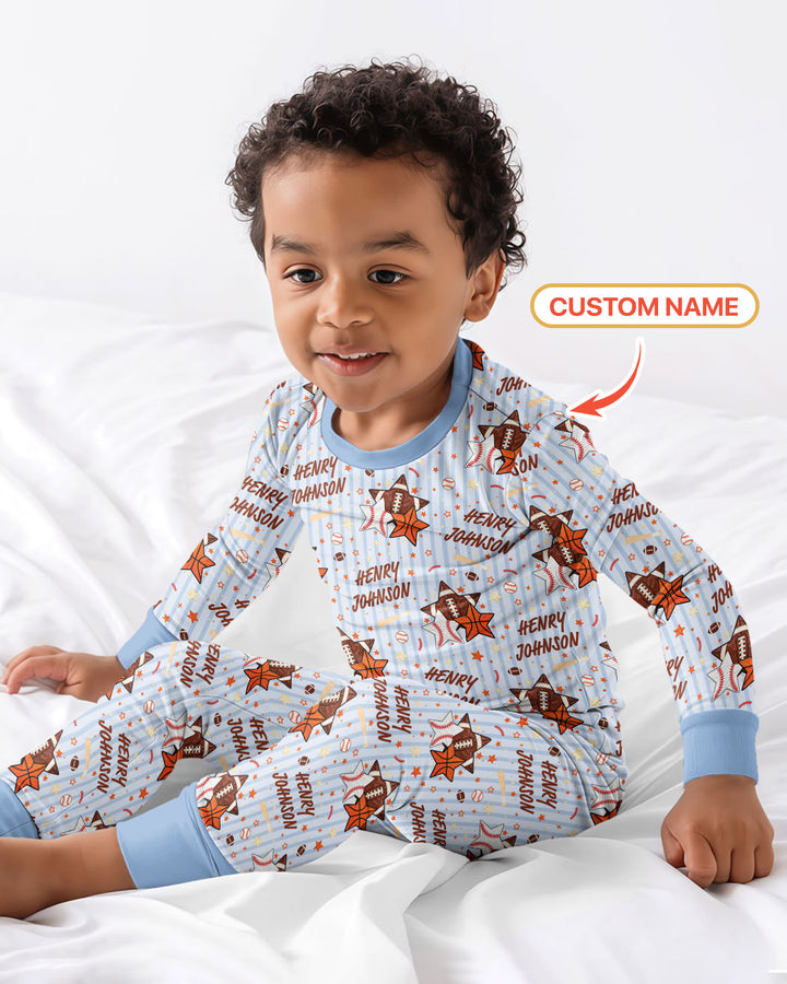 Sport Balls Custom Name Bamboo Two Piece Long Sleeve Pajama Set