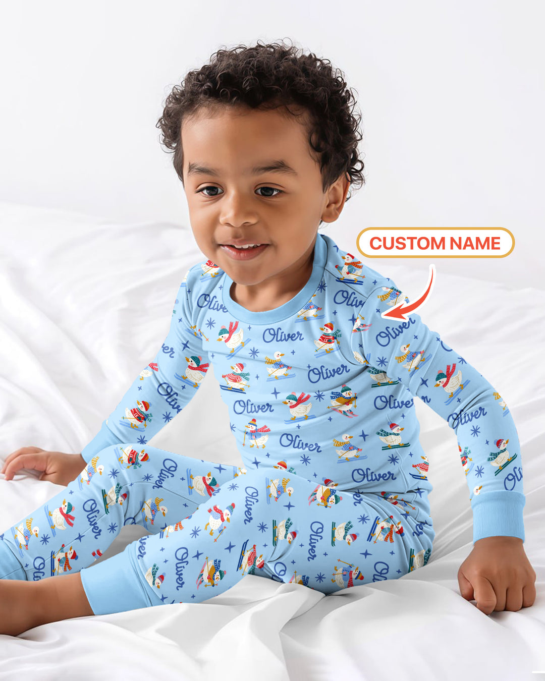 Custom Name Skiing Goose Bamboo Two Piece Long Sleeve Pajama Set