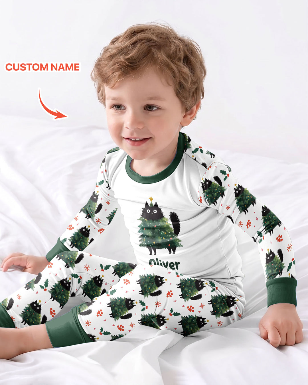 Custom Name Black Cat Christmas Bamboo Two Piece Long Sleeve Pajama Set