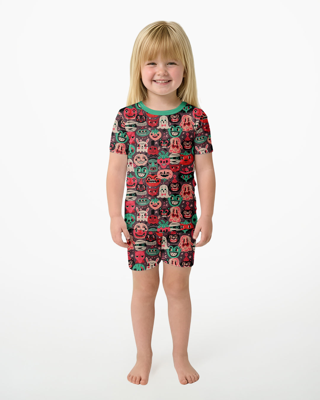 Retro Halloween Monsters Ghost Pumpkin Mummy Bamboo Two Piece Short Sleeve Shorts Pajama Set