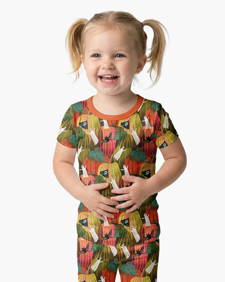 Big Pumpkin Field With Ghosts Bamboo Two Piece Short Sleeve Pajama Set