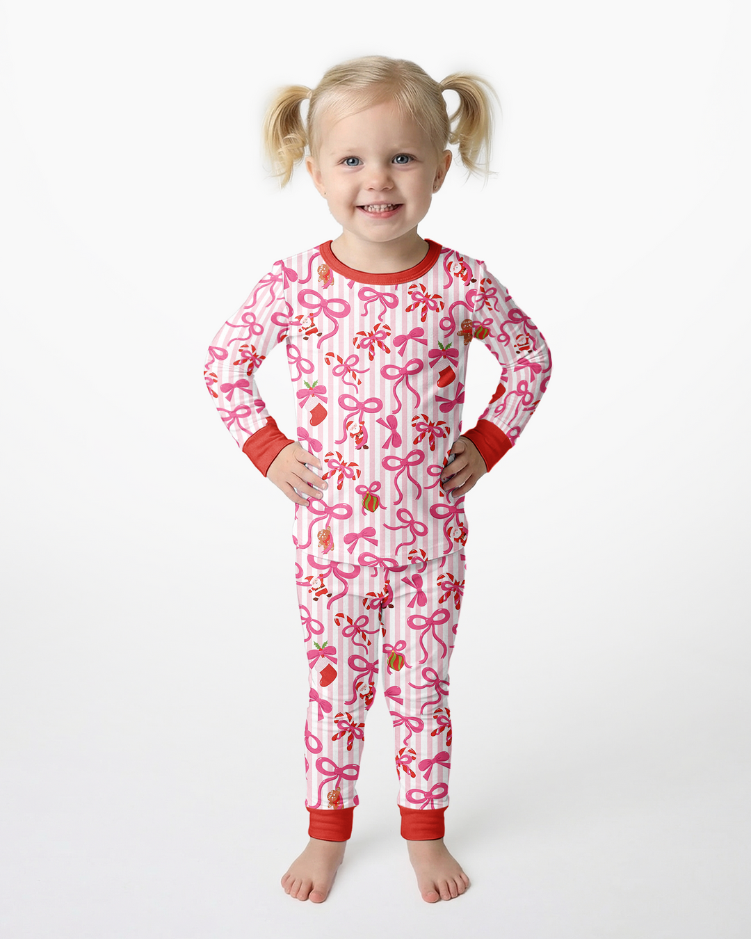 Pink Bow Christmas Magic Bamboo Two Piece Long Sleeve Pajama Set