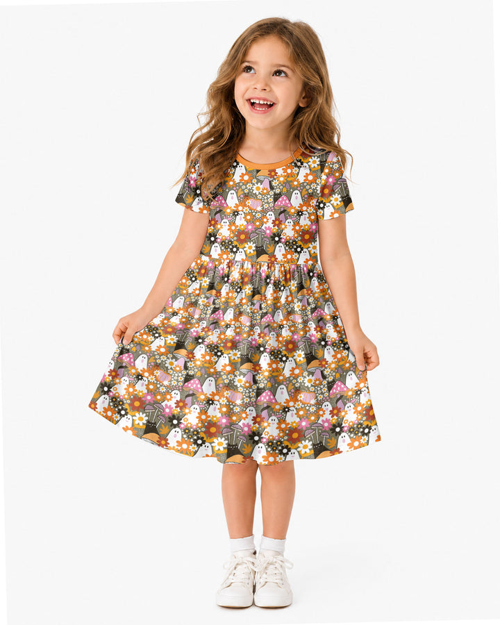 Retro Ghost Mushroom Floral Halloween Bamboo Twirl Dress