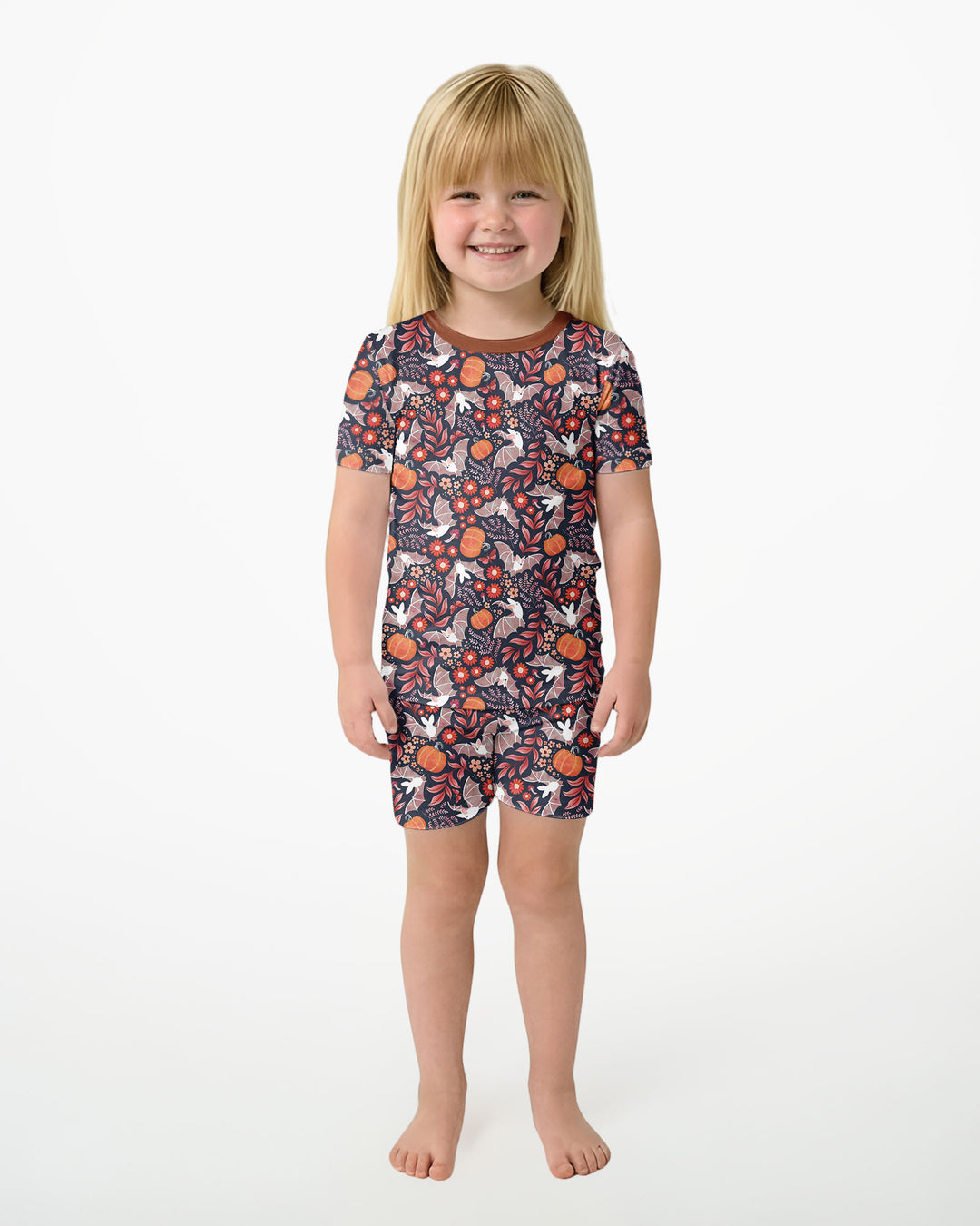Bat Pumpkin Floral Halloween Bamboo Two Piece Short Sleeve Shorts Pajama Set