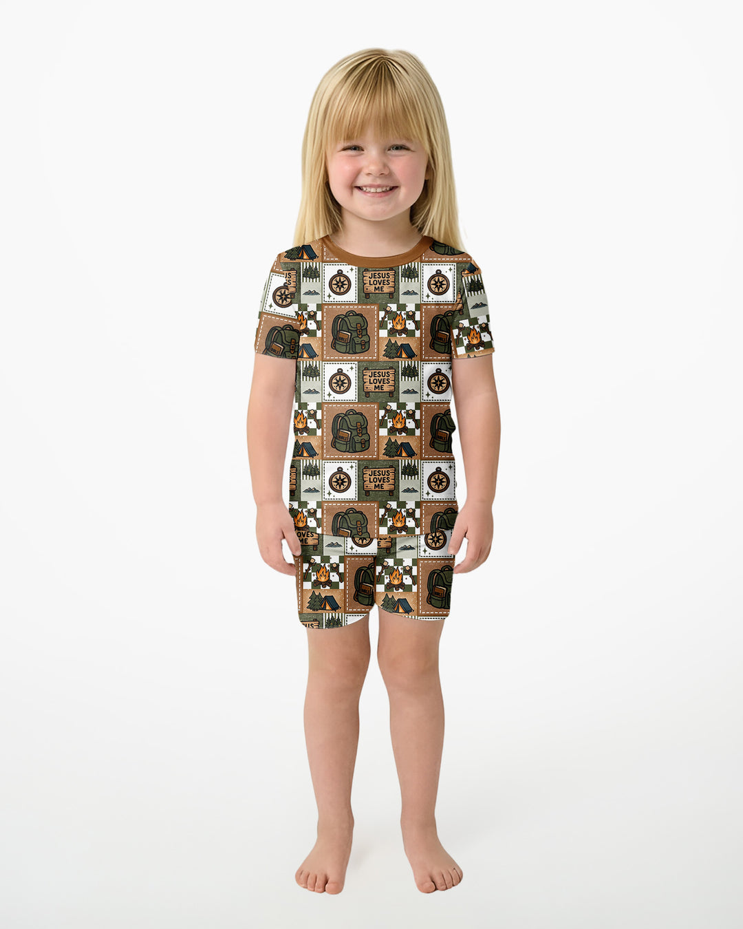 Camping Jesus Loves Me Bamboo Two Piece Short Sleeve Shorts Pajama Set