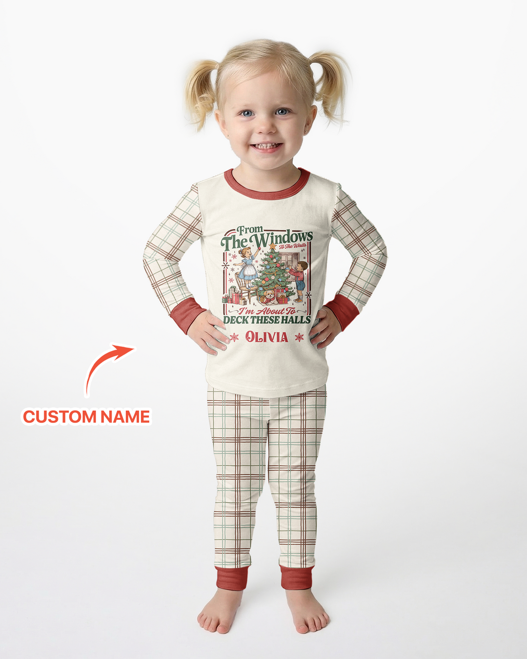 Custom Name Vintage Deck The Halls Bamboo Two Piece Long Sleeve Pajama Set