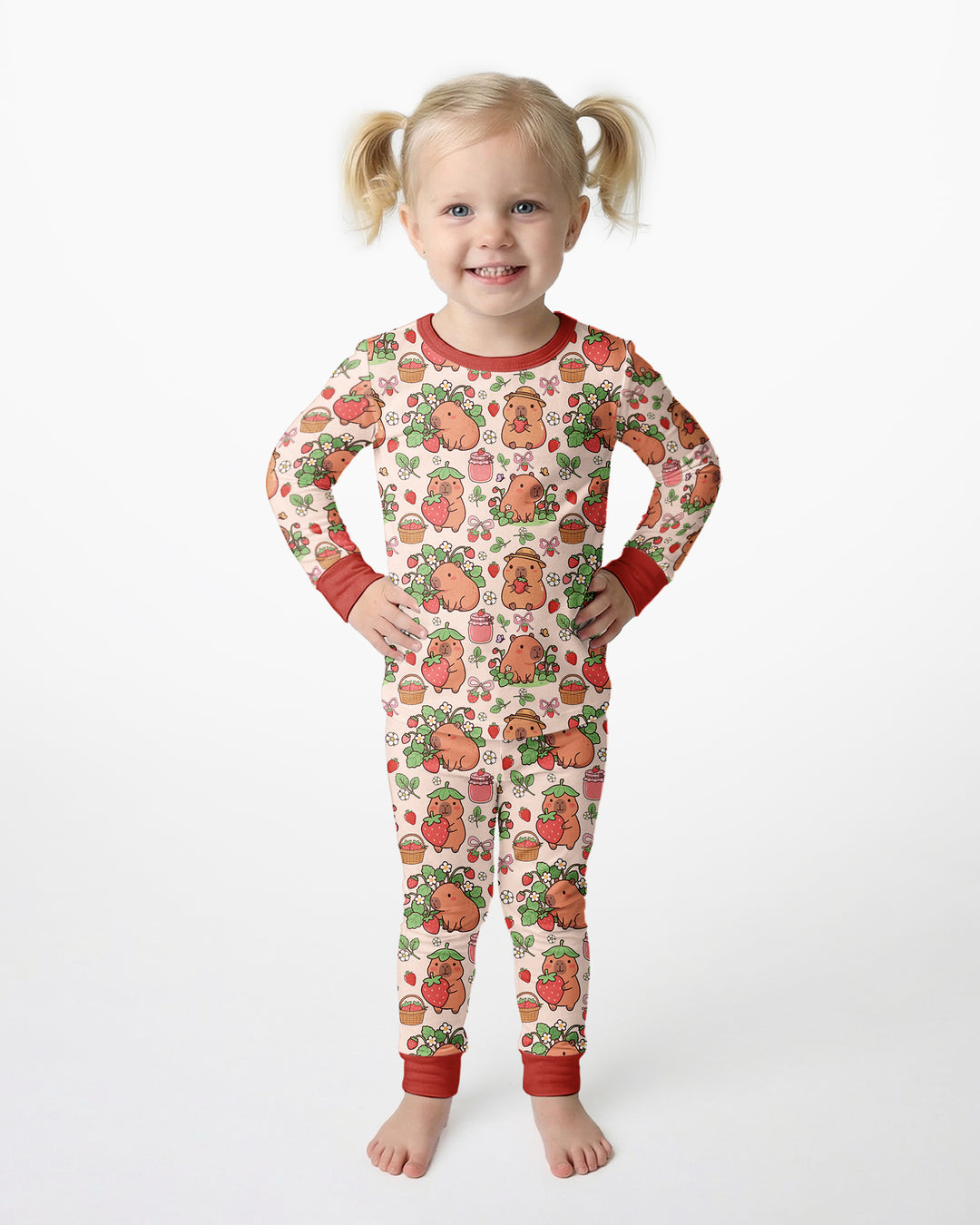 Capybara Strawberry Bamboo Two Piece Long Sleeve Pajama Set