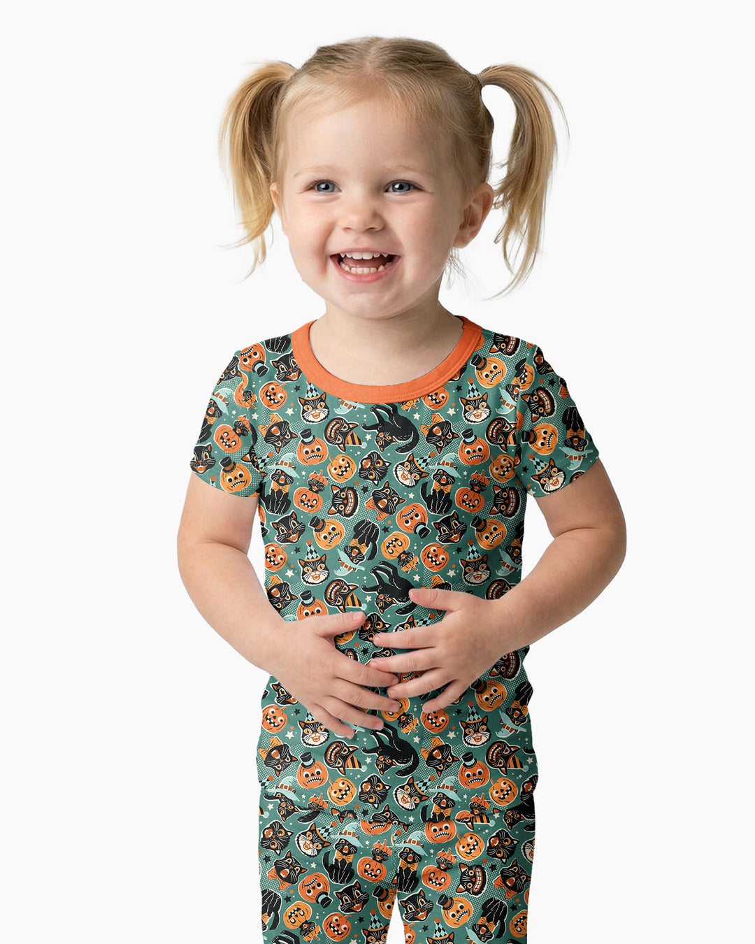Retro Black Cat Witch Pumpkin Halloween Bamboo Two Piece Short Sleeve Pajama Set