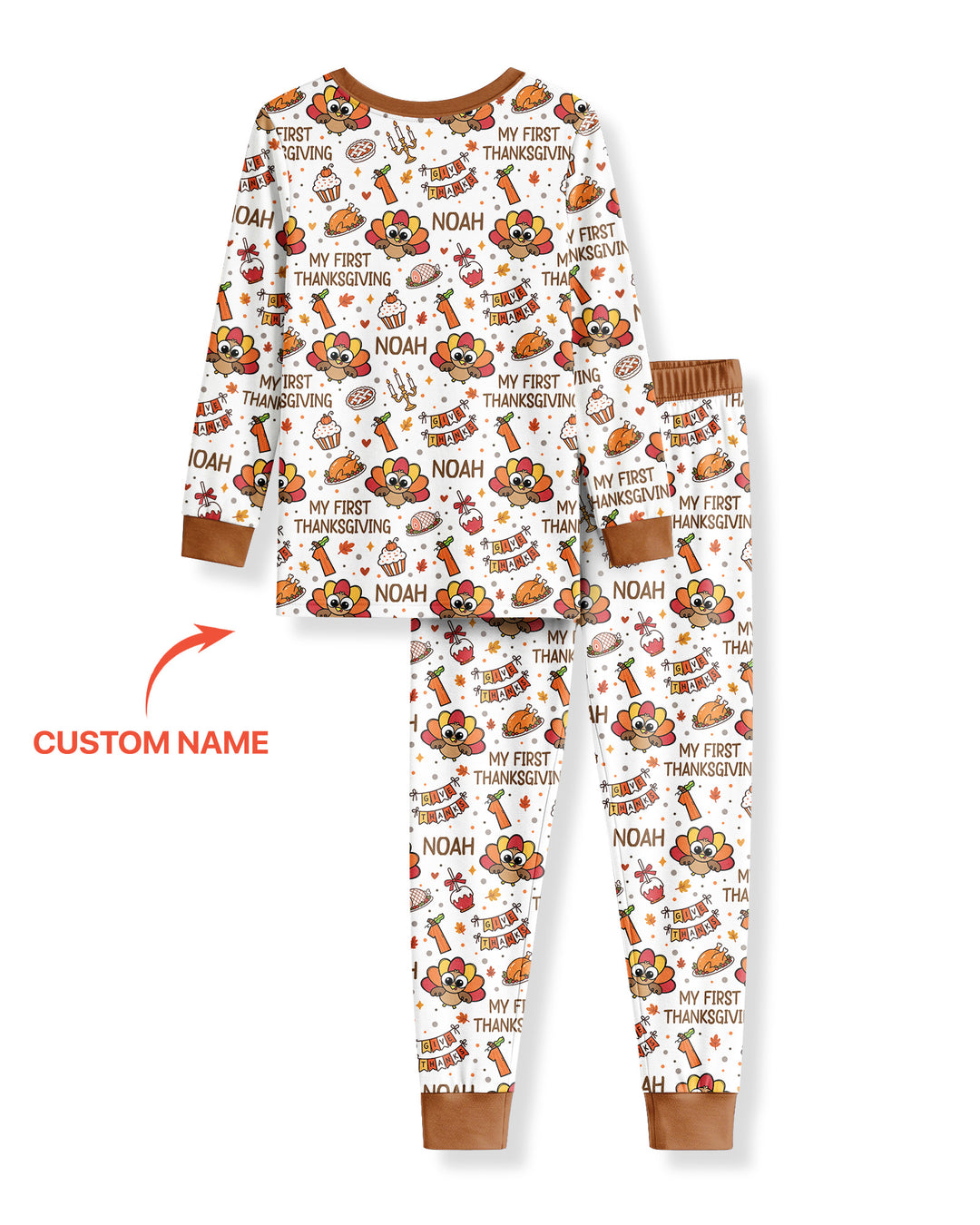 Custom Name Doodle Turkey My First Thanksgiving Bamboo Two Piece Long Sleeve Pajama Set