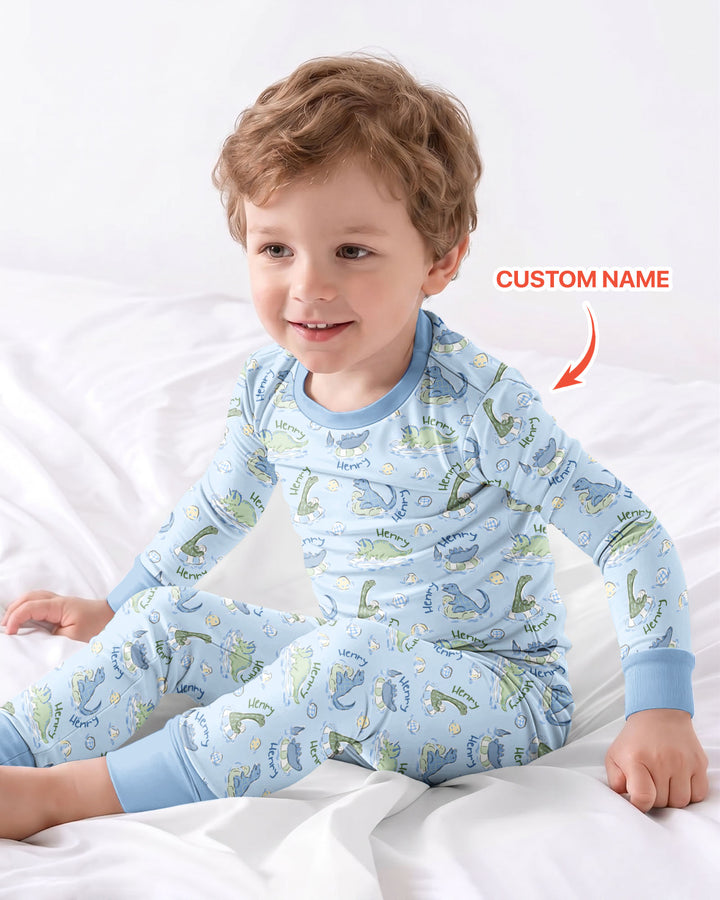 Dinos Swimming Custom Name Bamboo Two Piece Long Sleeve Pajama Set