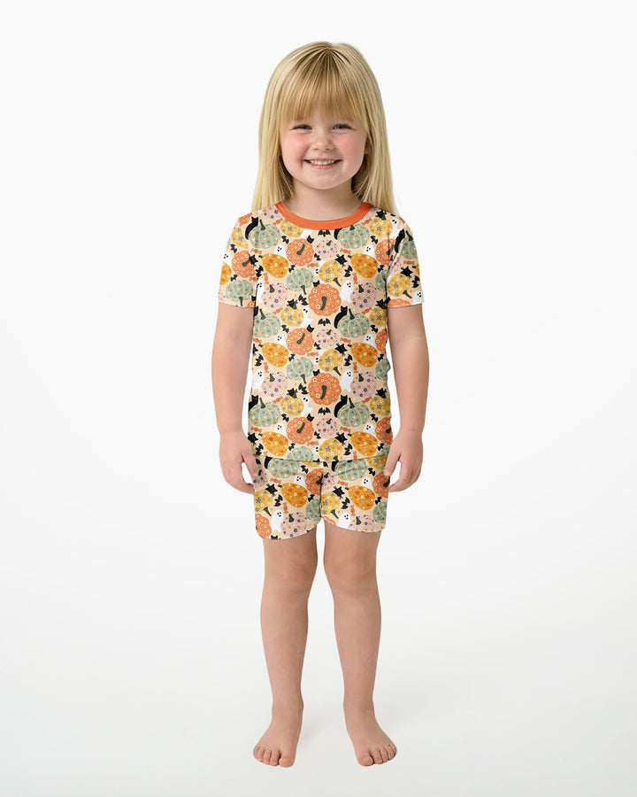 Floral Pumpkin Ghost Halloween Bamboo Two Piece Short Sleeve Shorts Pajama Set