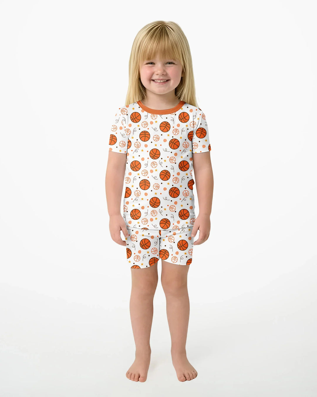 Orangefarbener Basketball-Bambus-Zweiteiler, Kurzarm-Shorts-Pyjama-Set