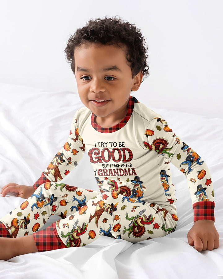 Dinosaur I Try To Be Good But I Take After My Grandma Bamboo Two Piece Long Sleeve Pajama Set
