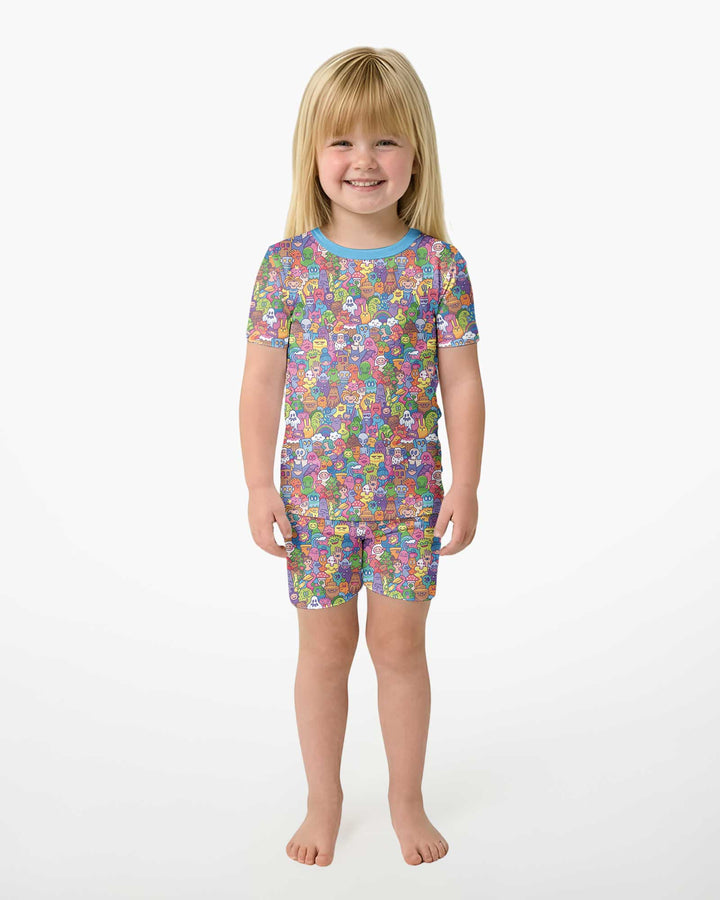 Doodle Characters Pastel Bamboo Two Piece Short Sleeve Shorts Pajama Set