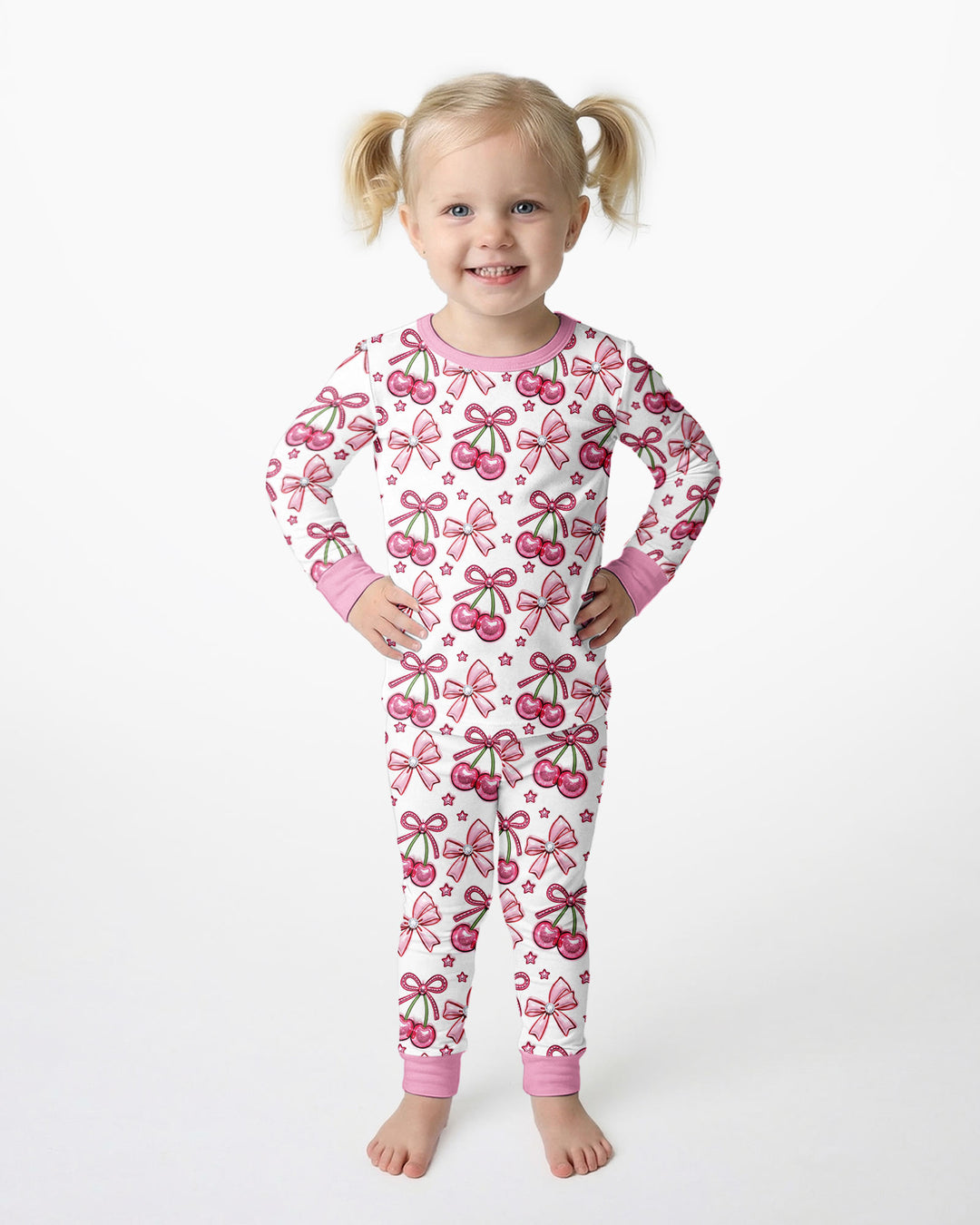 Pink Glitter Cherry Bows Bamboo Two Piece Long Sleeve Pajama Set