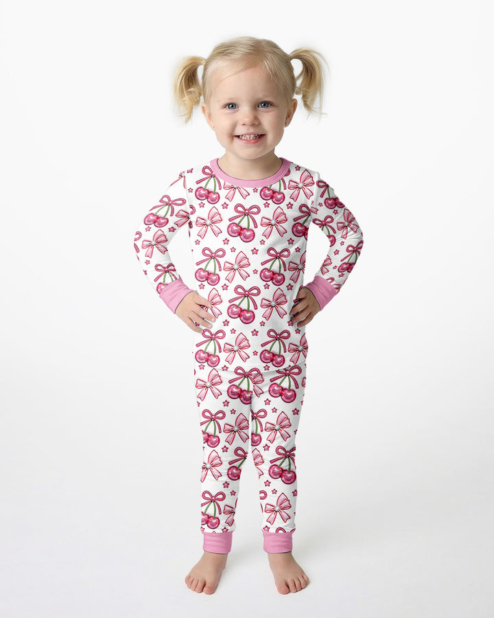 Pink Glitter Cherry Bows Bamboo Two Piece Long Sleeve Pajama Set
