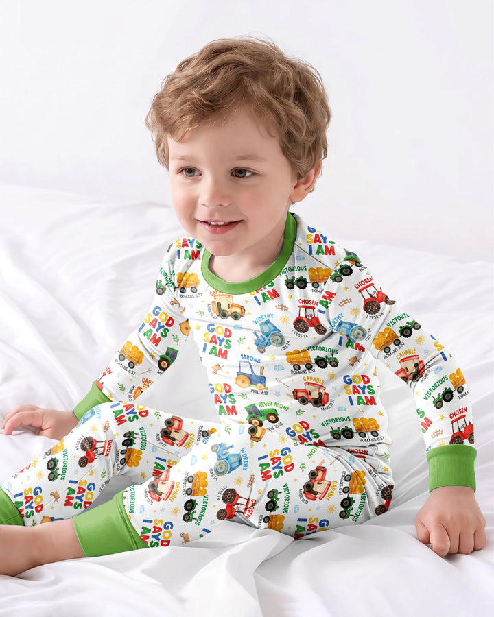 Farm Vehicles God Says I am Bamboo Two Piece Long Sleeve Pajama Set
