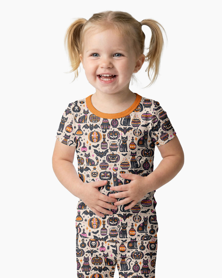 Whimsical Tribal Retro Halloween Black Cats Pumpkins Bamboo Two Piece Short Sleeve Pajama Set