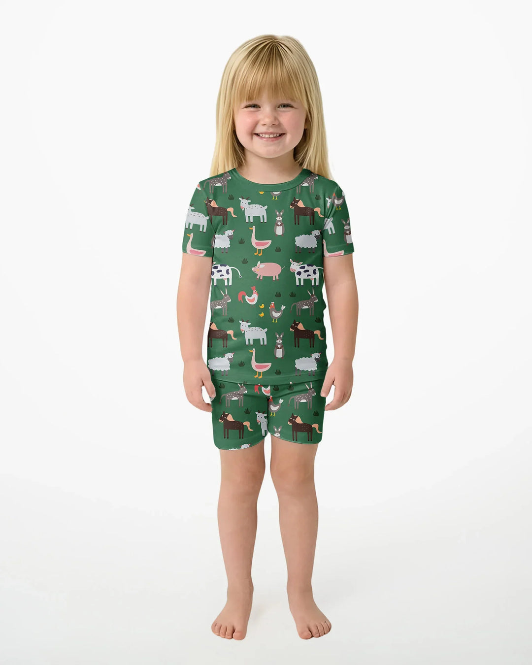 Green Farm Animals Bamboo Two Piece Short Sleeve Shorts Pajama Set