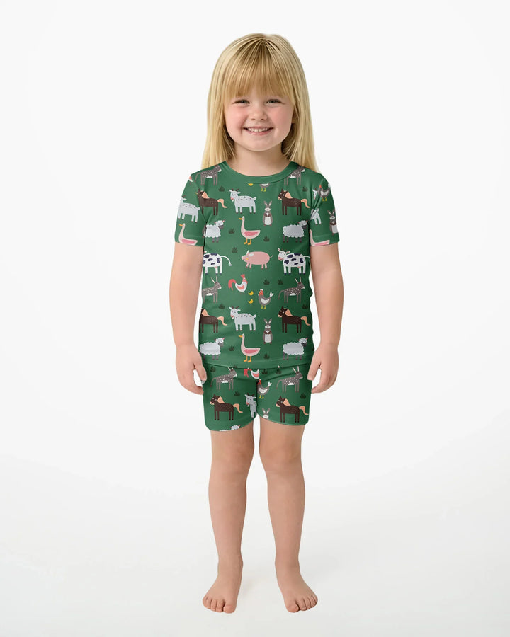 Green Farm Animals Bamboo Two Piece Short Sleeve Shorts Pajama Set