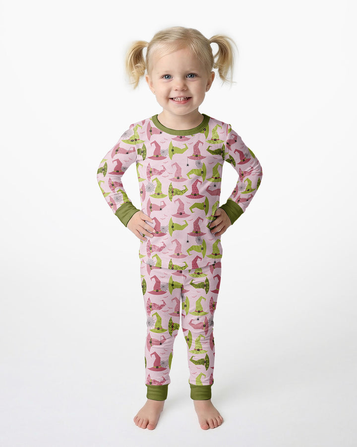 Pink Witch Hat Halloween Bamboo Two Piece Long Sleeve Pajama Set